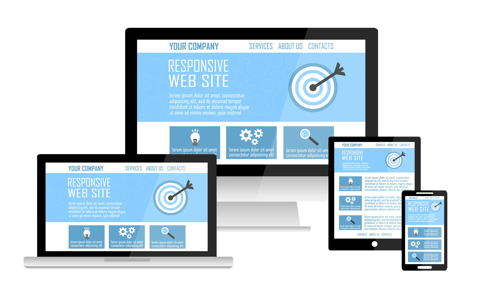 Responsive Web Site Design Flat Concept In Electronic Devices: Computer, Laptop, Tablet, Mobile Phone. image showing as users navigate wesbite, accessibility is #1