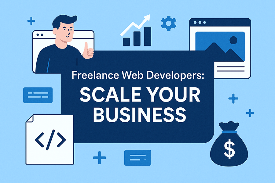 Freelance web developers scaling their business with coding icons, growth charts, and financial symbols on a blue background concept image