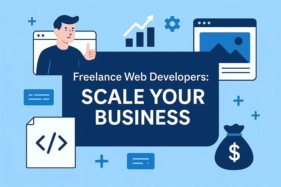 freelance web developers scaling their business with coding icons, growth charts, and financial symbols on a blue background concept image