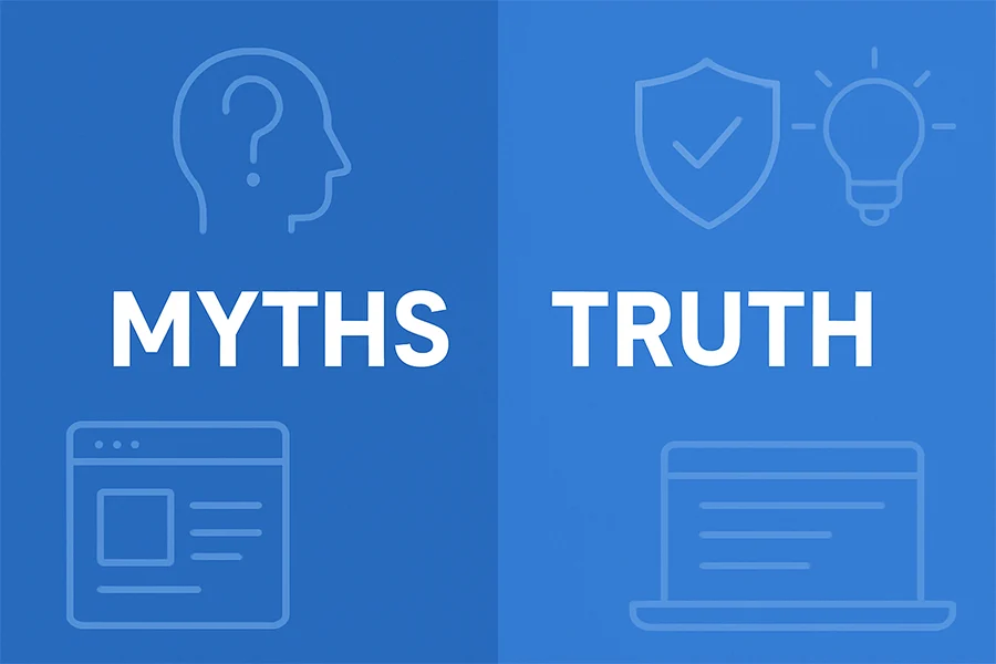 myths vs. truth about scaling a freelance web development business with icons for clarity, security, and growth