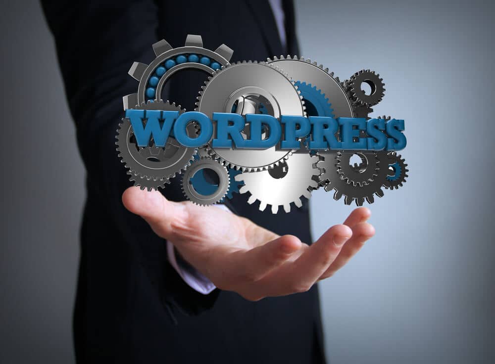 WordPress development concept image with a man holding it on the background
