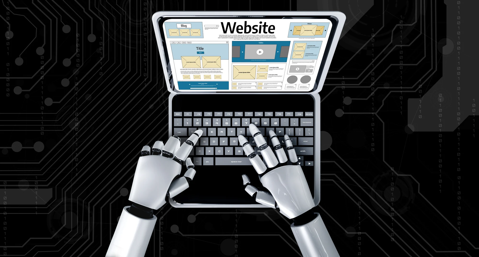 robot hands typing on a laptop screen with a generic wireframe layout, showcasing the issues behind ai generated website code.