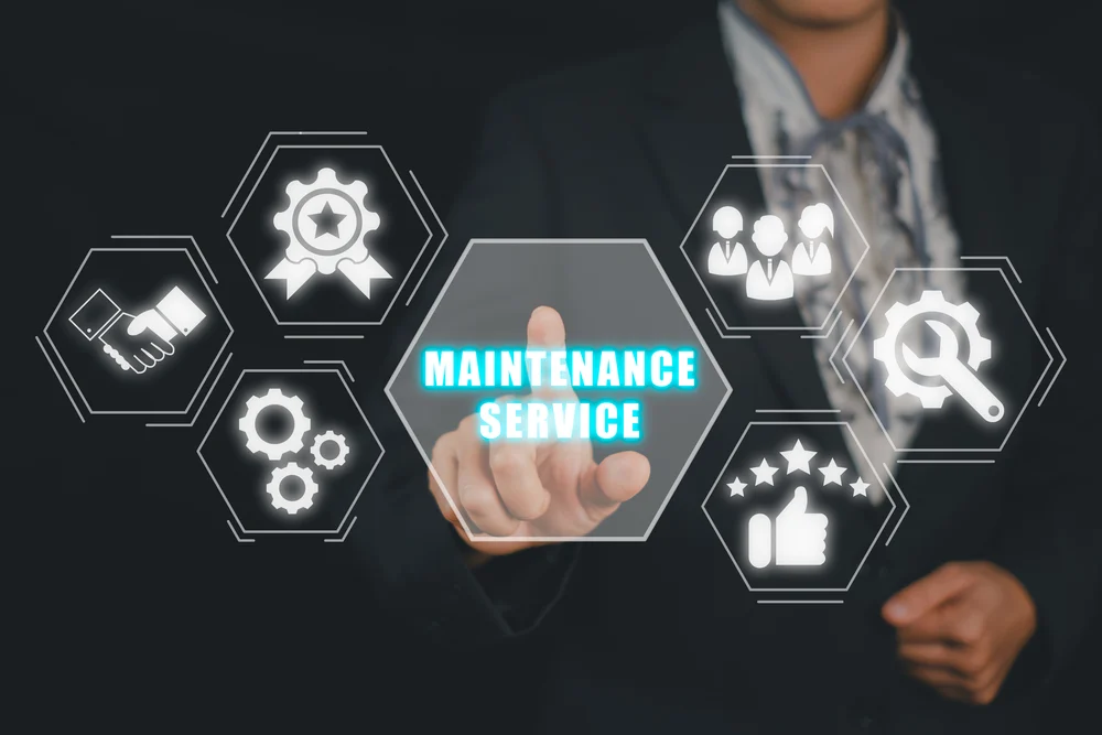 Maintenance Services Concept, Businesswoman Hand Touching Mainte why every digital agency should have a go-to wordpress maintenance partner 2 concept image representing starting wordpress maintenance service partner