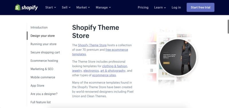 One of the Shopify themes for an eCommerce store