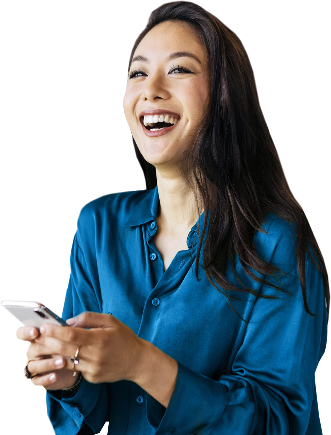 young lady smiling and checking out white label wordpress support and maintenance on her mobile device.